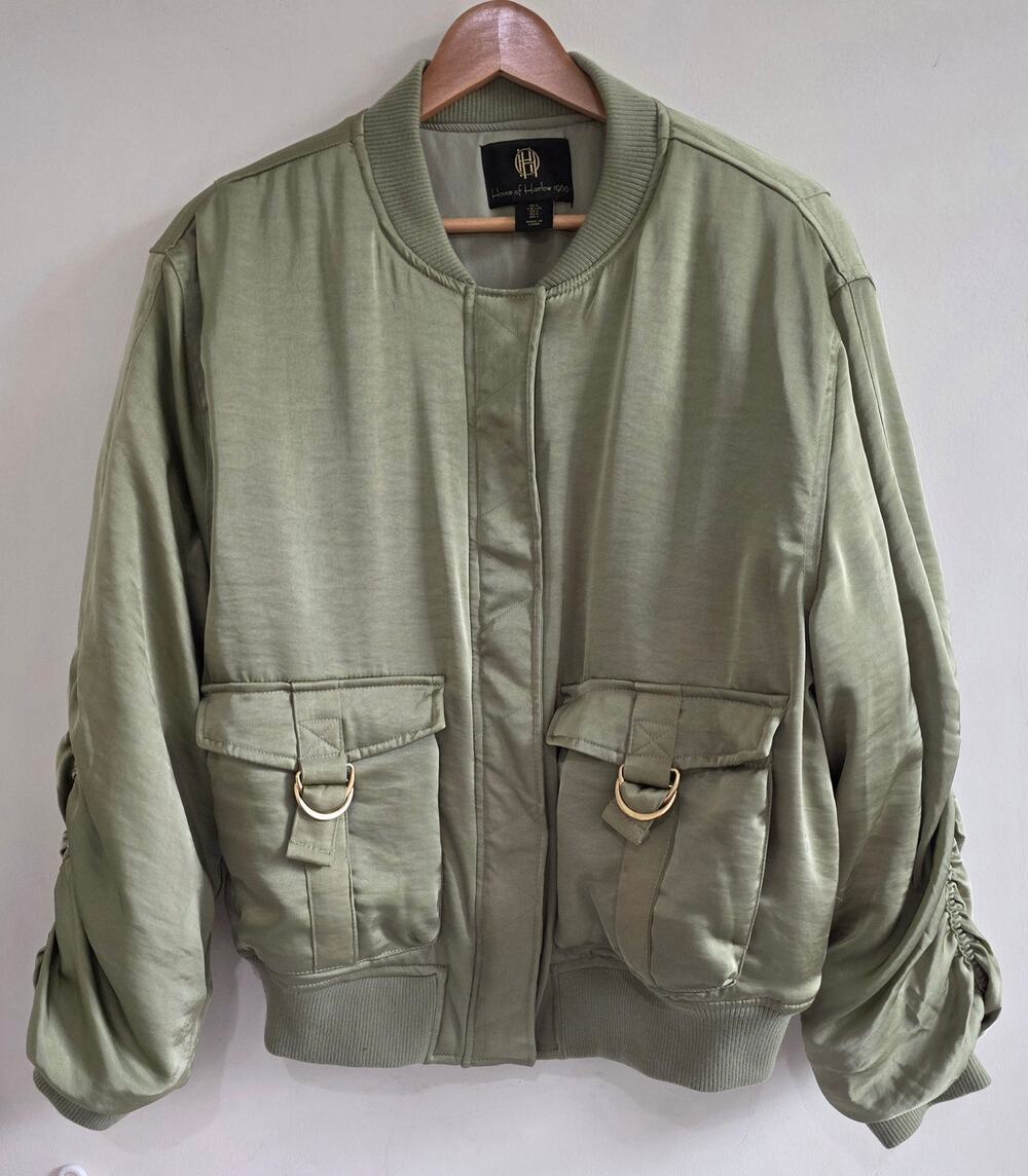 House of Harlow 1960 Gina Sage Green Padded Bomber Jacket Gold-tone HW Sz Large